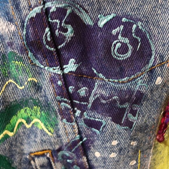 Vintage 80s Sport Deco Hand Painted Hollywood Denim Jacket Sequins Medium - Picture 9 of 16
